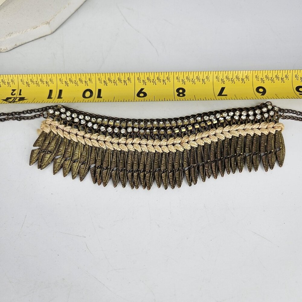 Bib Necklace Gold Tone Boho Statement Feather Fringe Rhinestone 16" Braided Cord - Picture 9 of 10
